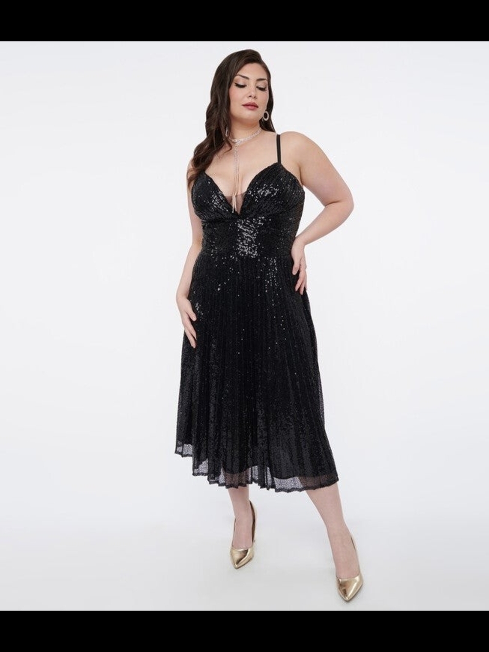Unique Vintage Black 1959s Swing Sequin Midi Dress with Spaghetti Straps